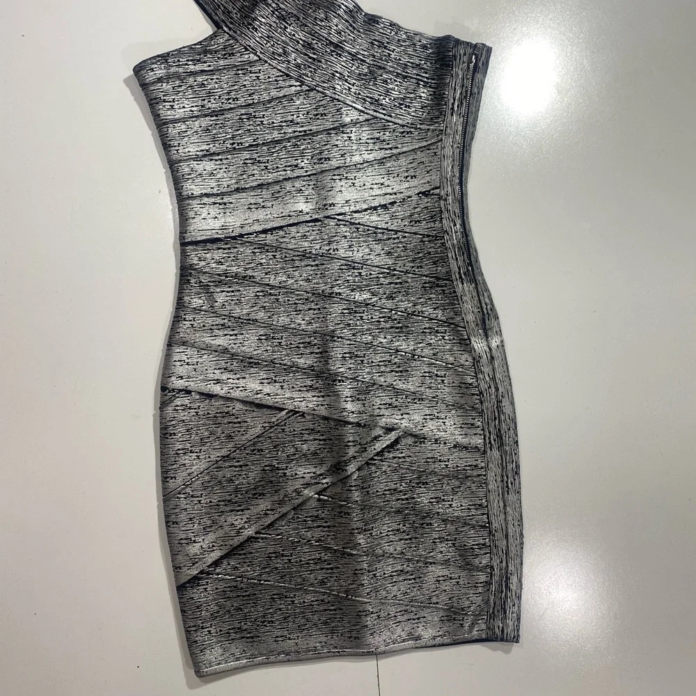 JS‎ Collections Black Metallic Silver Painted One Shoulder Bandage Bodycon Dress